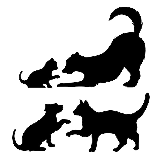 Kostenloser Vektor hunde- und katzenschattenbildillustration des flachen designs