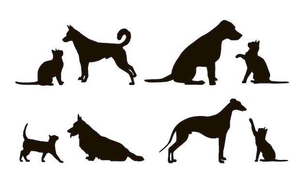 Kostenloser Vektor hunde- und katzensilhouette im flachen design