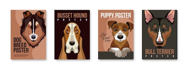 Hunde und welpen züchten vertikale plakate mit flachen porträts von rauem collie busset hound jack russel und bullterrier isolierte vektorillustration