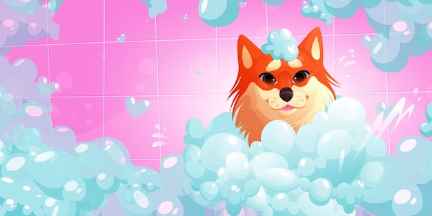 Hundewaschverfahren im spa- oder haustierpflegesalon tierpflegedienste lustiger corgi-welpe mit schaum auf dem kopf, der sich im salon verwöhnen lässt, sitzt in der wanne mit shampoo-blasen cartoon-vektor-illustration