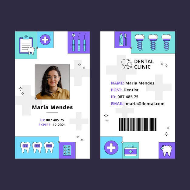Kostenloser Vektor id-kartenvorlage für flache zahnkliniken