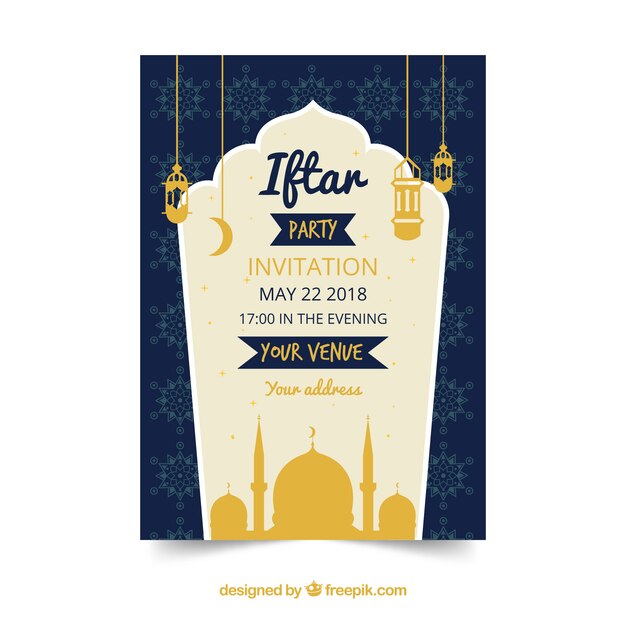 Iftar-Einladung mit Lampen und Verzierungen in der flachen Art