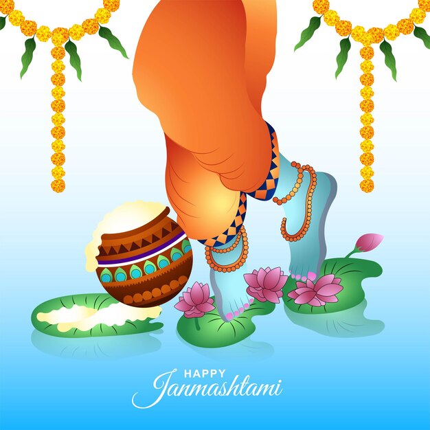 Kostenloser Vektor illustration der füße von lord krishna im fröhlichen janmashtami-festival-kartendesign