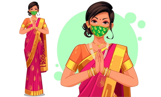 Illustration der indischen frau mit traditionellem outfit, das designermaske trägt Premium Vektoren