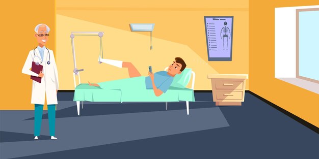 Illustration der medizinischen Versorgung hospitalisierter Mann im Bett liegend und Therapeut im weißen Kittel Arzt im Gespräch mit Patienten mit gebrochenem Bein im Krankenhaus