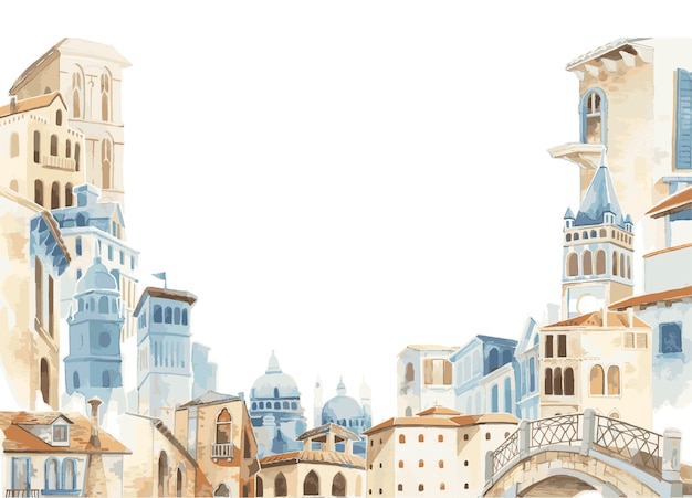 Illustration der Mittelmeerstadt äußere Wasserfarbart errichtend