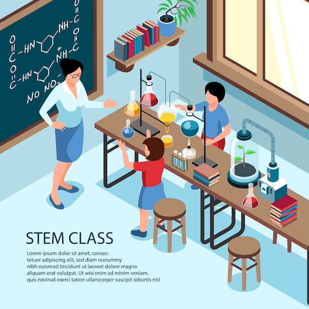 Kostenloser Vektor illustration des klassenzimmers und der kinder, die laborexperimente mit lehrer machen