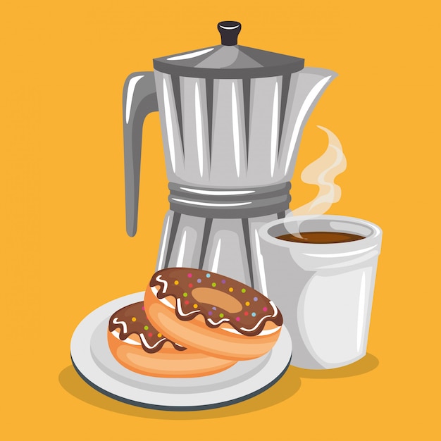 Kostenloser Vektor illustration des köstlichen kaffees in der teekanne und in den donuts