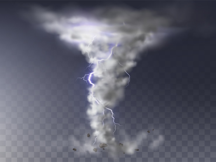 Kostenlose Vektor illustration des realistischen tornados mit blitz, zerstörerischer hurrikan