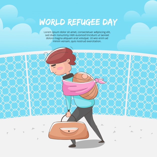 Illustration des Vaters, der Koffer und seinen Sohn Weltflüchtlingstag trägt.