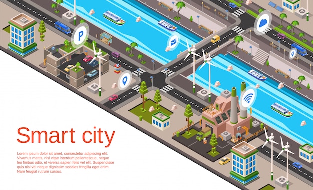 Kostenloser Vektor illustration mit gebäuden 3d, straßenstraßen mit autonavigationssystem