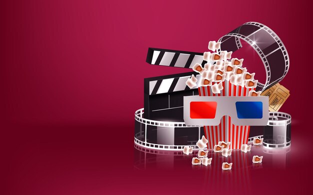 Illustration mit Kino-Videokamera, Popcorn-Schindel und 3D-Brille