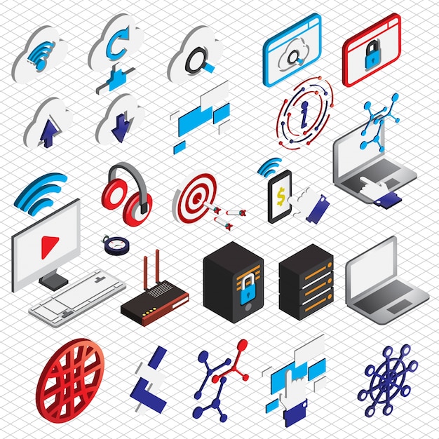 Illustration von computer-icons gesetzt konzept in isometrischen grafik