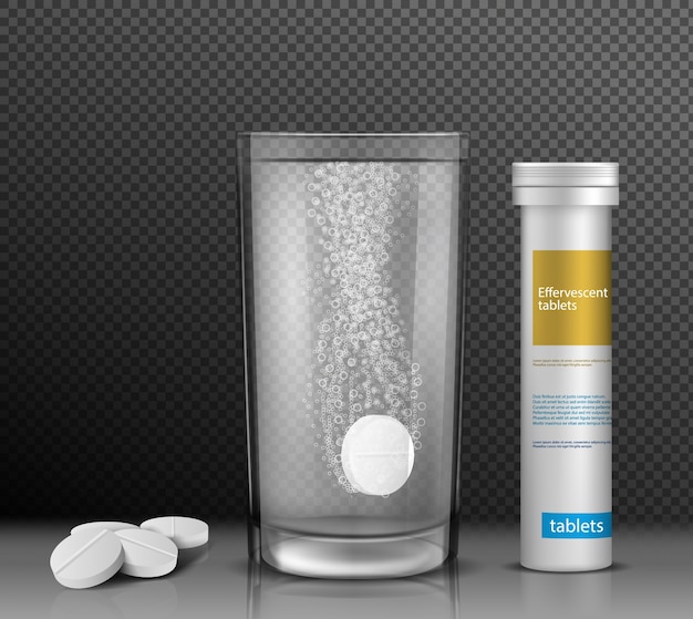 Kostenloser Vektor illustration von löslichen runden tabletten in einem glas wasser und einem behälter für sie.