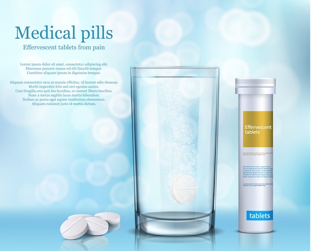 Illustration von löslichen runden Tabletten in einem Glas Wasser und einem weißen zylindrischen Behälter.