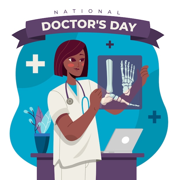 Illustration zum tag des flachen nationalarztes mit sanitäter, der röntgenstrahlen hält