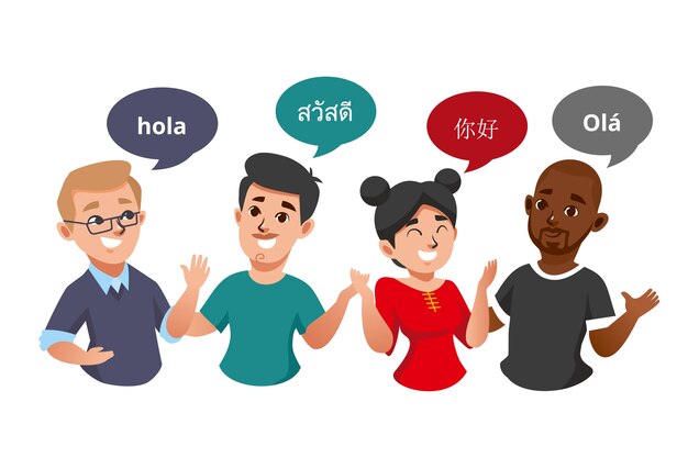 Illustrationen von den jungen Leuten, die in den verschiedenen Sprachen sprechen, packen