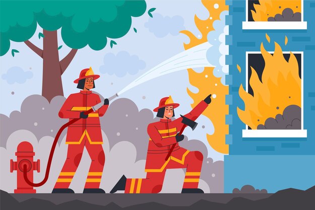 Illustrierte Feuerwehrleute, die ein Feuer löschen