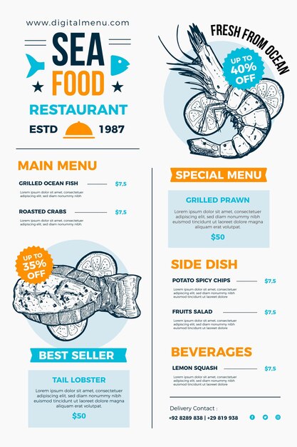 Illustrierte Restaurantmenüvorlage für den digitalen Gebrauch