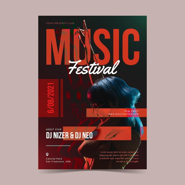 Kostenloser Vektor illustriertes plakat des musikfestivals mit foto
