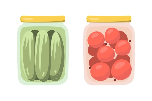 In büchsen eingelegte eingelegte tomaten und gurken. isolierte objekte im flachen stil. vektor-illustration