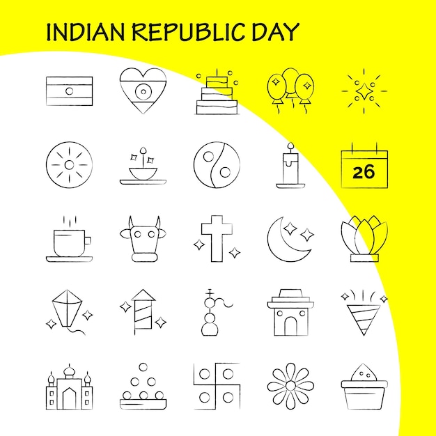 Indian republic day hand gezeichnet icon pack für designer und entwickler ikonen des kite festival flying india indian pot food day vector