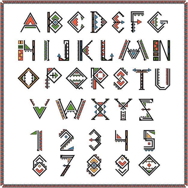 Indianische schrift der amerikanischen ureinwohner oder mexikanisches alphabet mit zahlen.