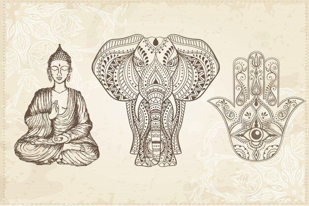 Stellen Sie Religion Buddhismus Boho Zeichen Gold Ein Hamsa Mandala Lotos Premium Vektor
