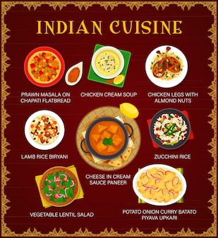 Indische küche vektormenü garnelen masala auf chapati fladenbrot, hühnercremesuppe und lammreis biryani. käse in sahnesauce paneer, gemüse-linsen-salat oder kartoffel-zwiebel-curry batato piyava upkari
