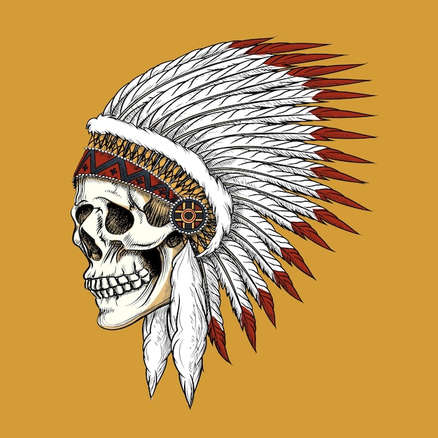 Indischer Schädel des Vektors. Feder und Stammes, Knochen und Skelett, westlicher Cowboy