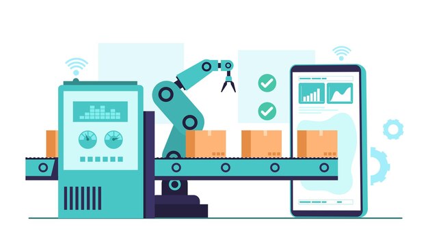 Industrie 4.0 Illustration mit Roboterarm. Intelligente industrielle Revolution im Fabrikprozess