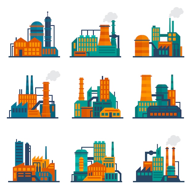 Kostenloser Vektor industriegebäudeillustration flach eingestellt