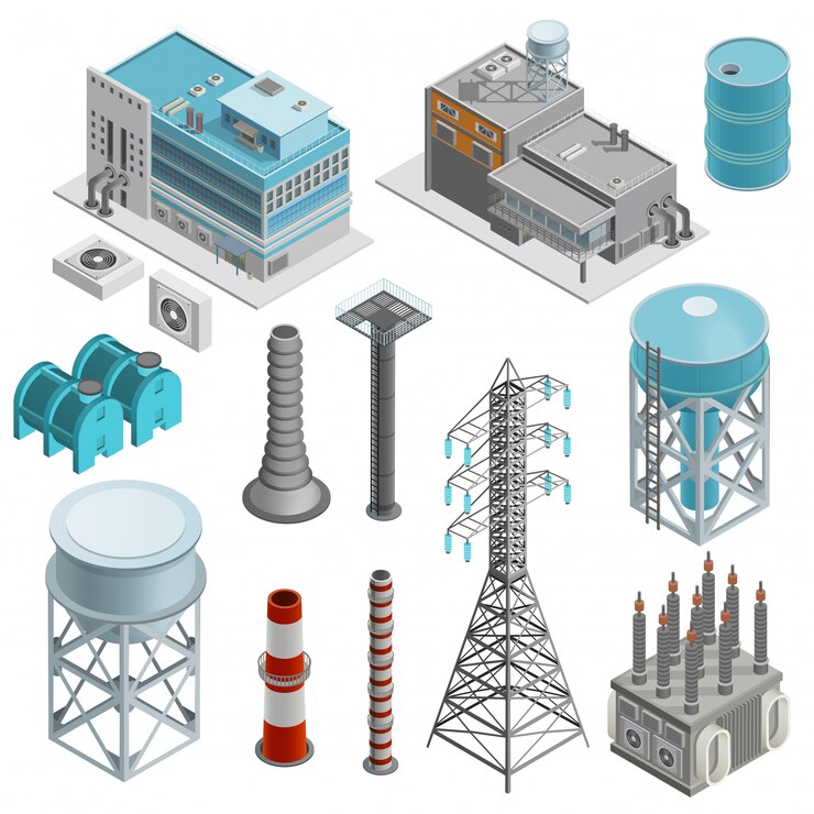 Kostenlose Vektor industrielle gebäude isometrische icons set