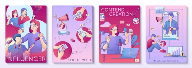 Influencer-marketing-flachzeilenset aus vertikalen kompositionen mit geräten für menschliche charaktere im cartoon-stil und textvektorillustration