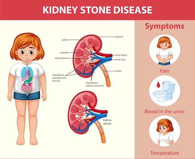 Kostenloser Vektor infografik im nieren-cartoon-stil der nierensteine
