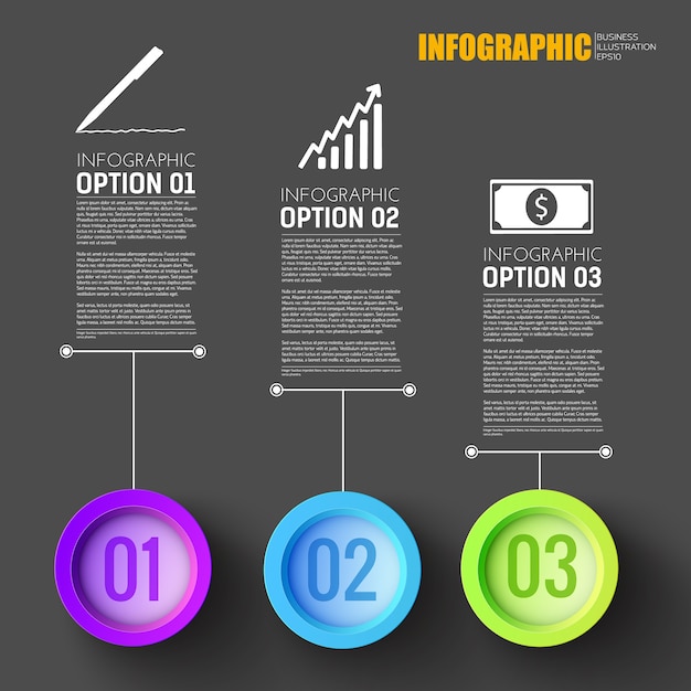 Kostenloser Vektor infografik-layout für die geschäftsentwicklung mit drei optionsbeschreibungen und farbig nummerierten schaltflächen