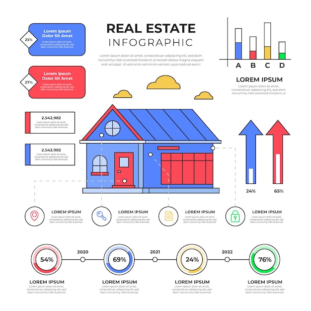 Kostenloser Vektor infografik-vorlage für lineare flache immobilien