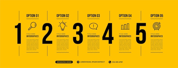 Infografik-vorlage mit 5 optionen auf gelbem hintergrund, geschäftsworkflow mit mehrstufigem konzept