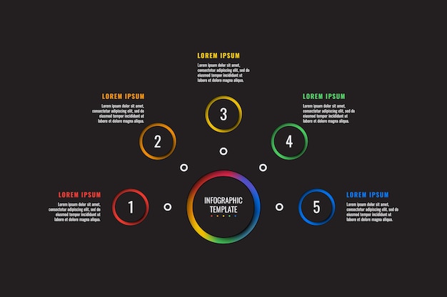 Infografik-vorlage mit 5 schritten mit runden papierschnittelementen auf schwarzem hintergrundgeschäftsprozess