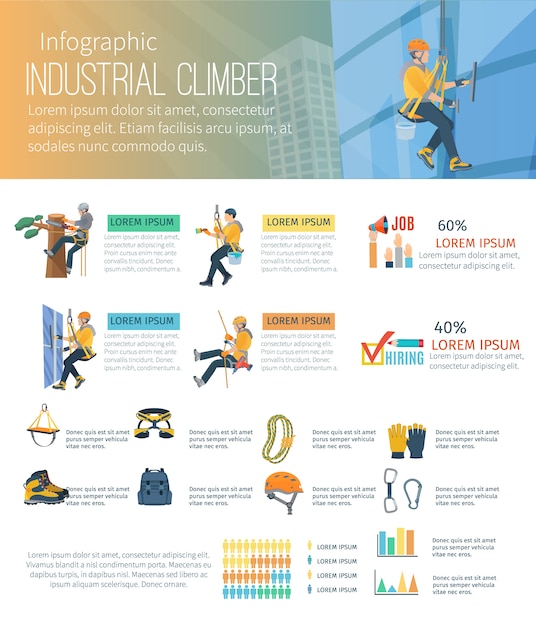 Infografik zu bergsteigerberufen im alpinismus und ausrüstung für höhenarbeiten