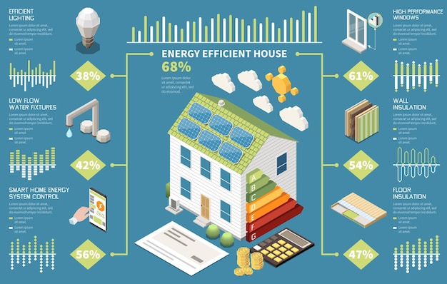 Kostenloser Vektor infografiken für energieeffiziente häuser mit isometrischer vektorillustration von lichtwasser und warmspartechniken