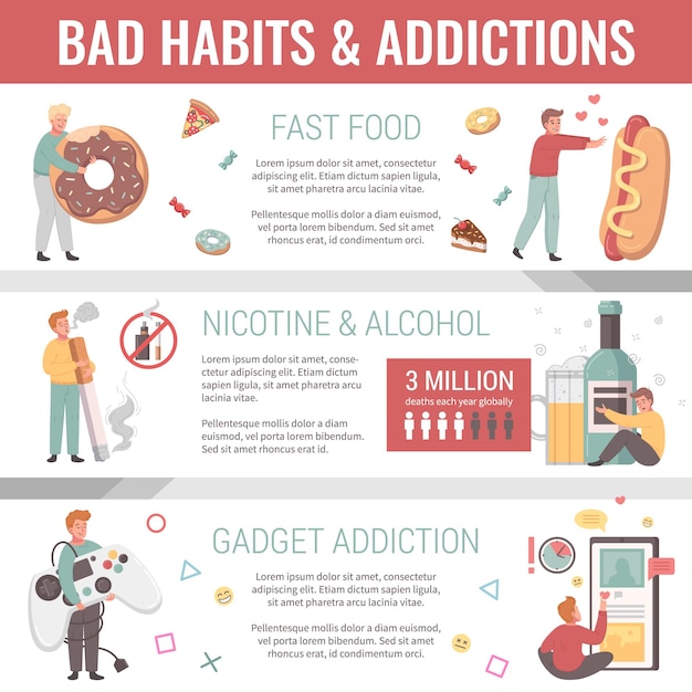 Infografiken zu schlechten angewohnheiten mit ungesunden suchtkarikatursymbolen, vektorgrafik