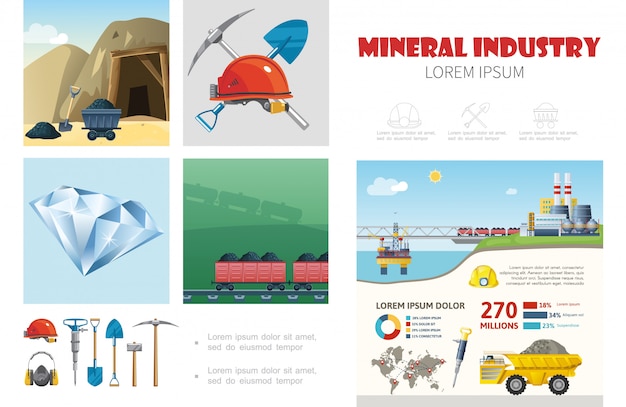 Kostenloser Vektor infografikschablone der flachen bergbauindustrie mit helmbohrschaufel spitzhacke kohletransport mineralgewinnungsanlage muldenkipper