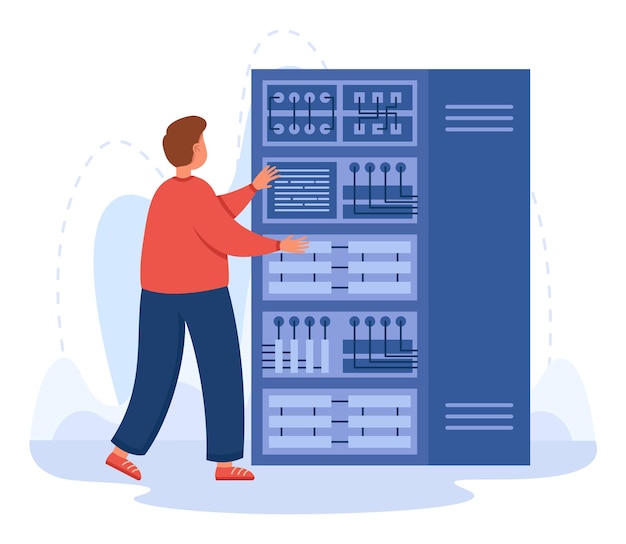 Ingenieur, der mit Serverausrüstung und Schalttafel arbeitet. Technische Unterstützung der Computerinfrastruktur und der Kabel durch männliche professionelle Elektriker-Flachvektorillustration. Telekommunikationskonzept