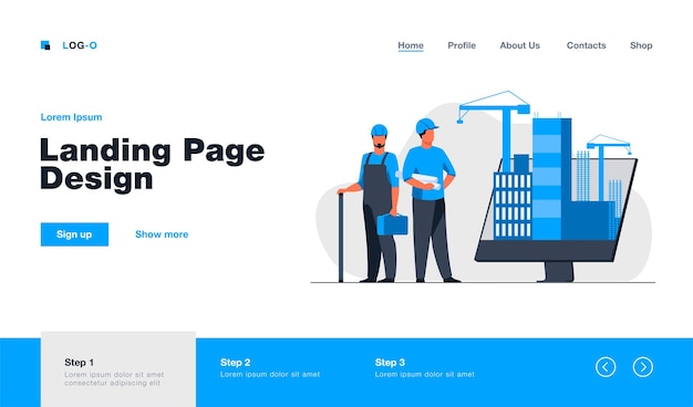 Kostenloser Vektor ingenieure, die in der nähe eines großen monitors mit einer landingpage für gebäude im flachen stil stehen