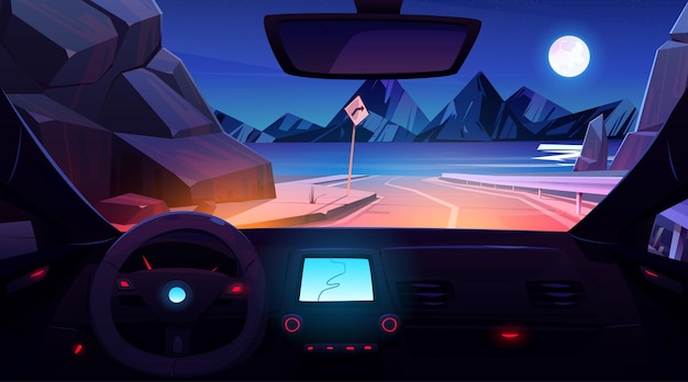 Kostenloser Vektor innenansicht eines autos, das auf der straße fährt. fahrzeuginnenraum mit armaturenbrett, lenkrad, gps-navigator und blick auf die autobahn und landschaft mit meer und bergen bei nacht, vektor-cartoon-illustration