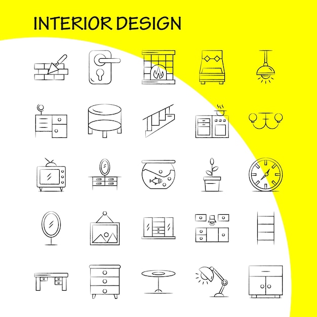Kostenloser Vektor innenarchitektur handgezeichnete symbole für infografiken mobile uxui kit und printdesign gehören schlafzimmer schrank möbel haus kleiderschrank fernseher tv haus icon set vektor