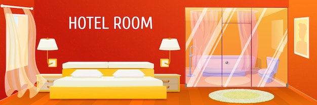 Kostenloser Vektor innenbanner des hotelapartments mit geräumigem, komfortablem schlafzimmer und stilvollem badezimmer