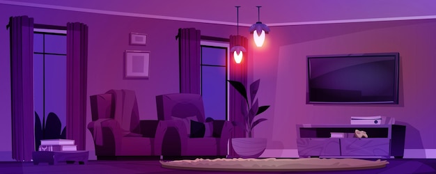 Inneneinrichtung des Wohnzimmers bei Nacht, Cartoon-Vektor-Hintergrund. Modernes Haus, Wohnung mit gemütlichem Sessel, Fernseher und Teppichboden. 2D-komfortables, möbliertes, flaches Wohnzimmer mit Lampenlicht