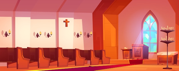 Kostenloser Vektor innenraum der katholischen kirche mit altar und bänken